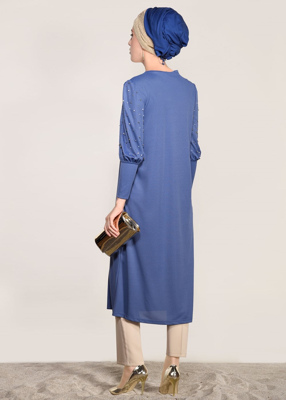 Tesettür giyim LACİVERT T 02371 İkoll- Boncuk İşlemeli Uzun Tunik