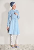 Tesettür giyim MAVİ T 02781 Elegance- Omuz Kısmı Güpür Detaylı Tunik