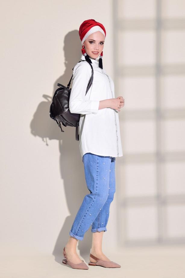 Tesettür giyim  T 03031 H Fashion- Erkek Yaka Tunik - TRENDTESETTÜR