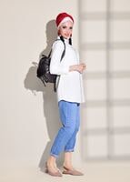 Tesettür giyim BEYAZ T 03031 H Fashion- Erkek Yaka Tunik