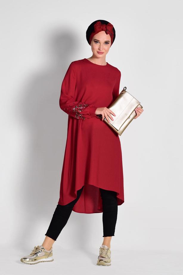 Tesettür giyim  NAKIŞ DETAYLI ASİMETRİK KESİM TUNİK 09071  - TRENDTESETTÜR