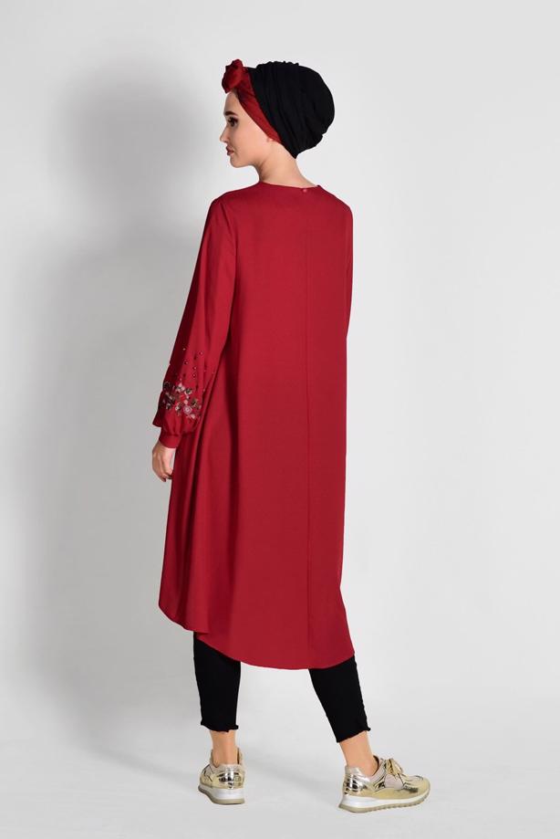 Tesettür giyim  NAKIŞ DETAYLI ASİMETRİK KESİM TUNİK 09071  - TRENDTESETTÜR