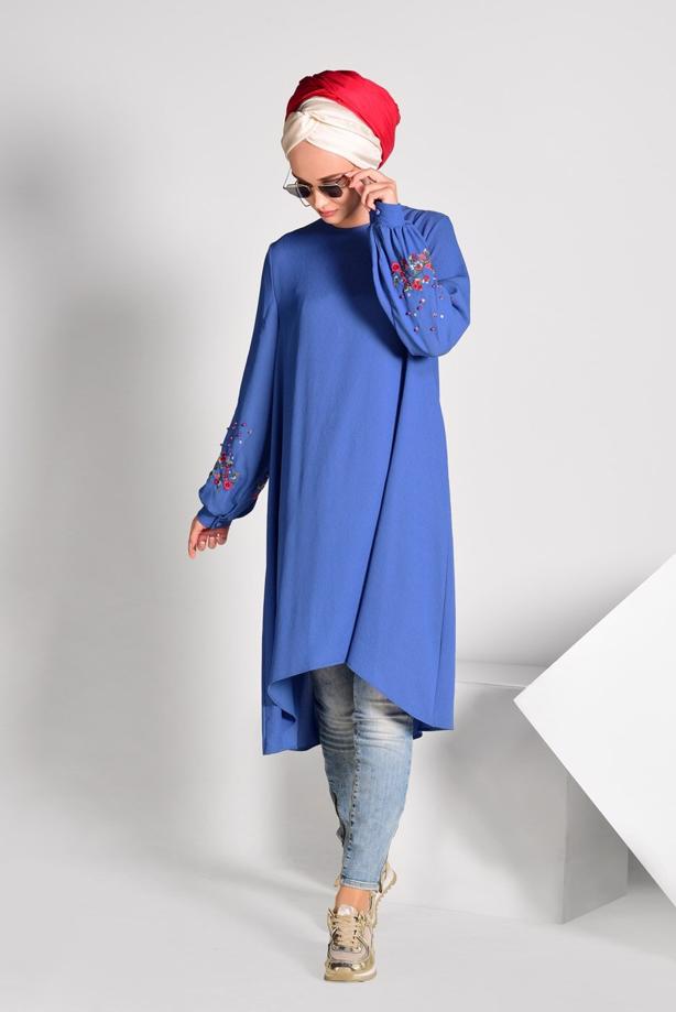 Tesettür giyim  NAKIŞ DETAYLI ASİMETRİK KESİM TUNİK 09071  - TRENDTESETTÜR