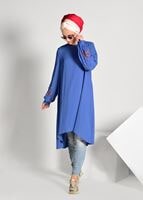 Tesettür giyim LACİVERT NAKIŞ DETAYLI ASİMETRİK KESİM TUNİK 09071
