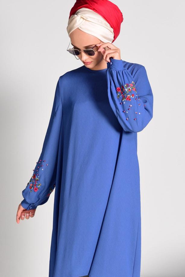 Tesettür giyim  NAKIŞ DETAYLI ASİMETRİK KESİM TUNİK 09071  - TRENDTESETTÜR