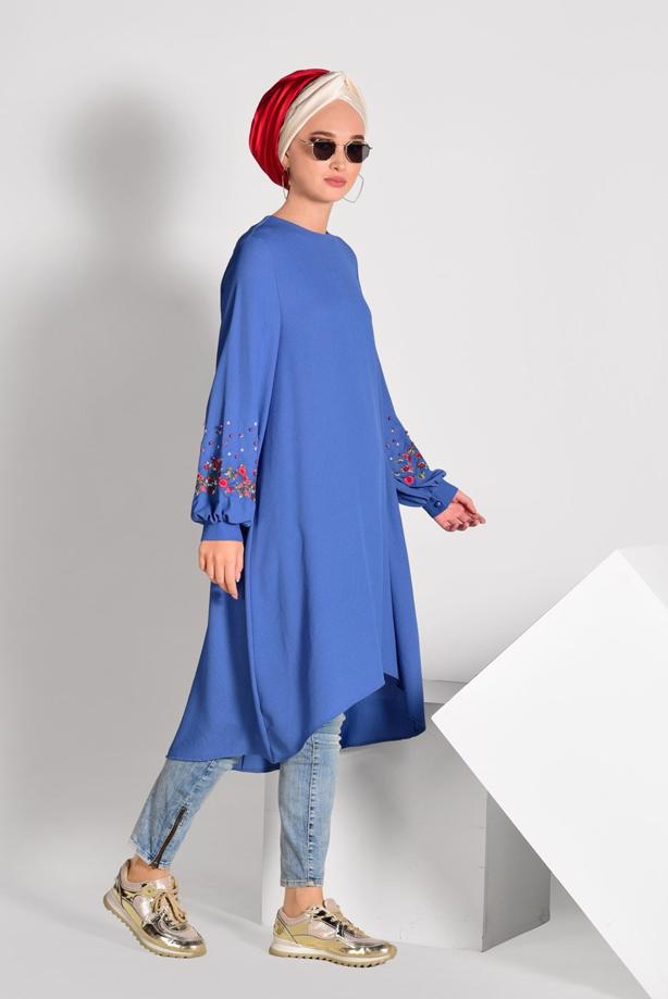 Tesettür giyim  NAKIŞ DETAYLI ASİMETRİK KESİM TUNİK 09071  - TRENDTESETTÜR