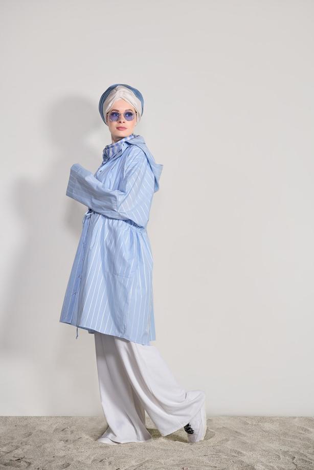 Tesettür giyim  T 11034  H Fashion-Bel Kısmı Lastik Detaylı Tunik - TRENDTESETTÜR