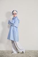 Tesettür giyim MAVİ T 11034  H Fashion-Bel Kısmı Lastik Detaylı Tunik