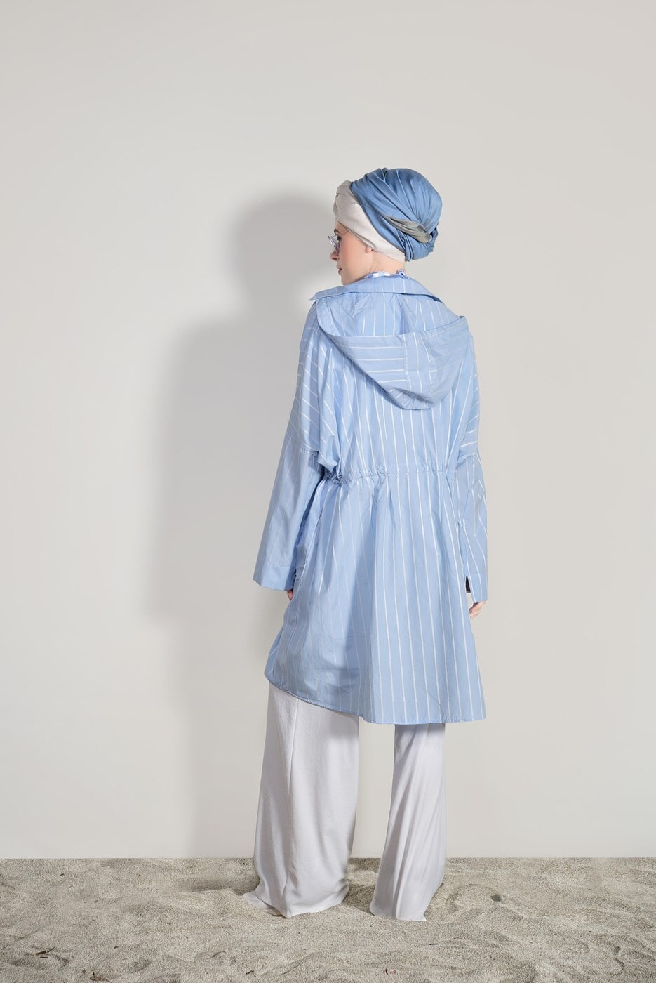 Tesettür giyim MAVİ T 11034  H Fashion-Bel Kısmı Lastik Detaylı Tunik