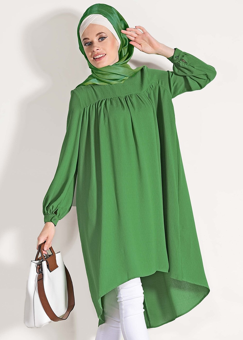 Tesettür giyim YEŞİL ÖNÜ BÜZGÜLÜ TUNİK 11461