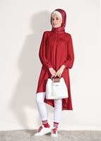 Tesettür giyim KIRMIZI ÖNÜ BÜZGÜLÜ TUNİK 11461
