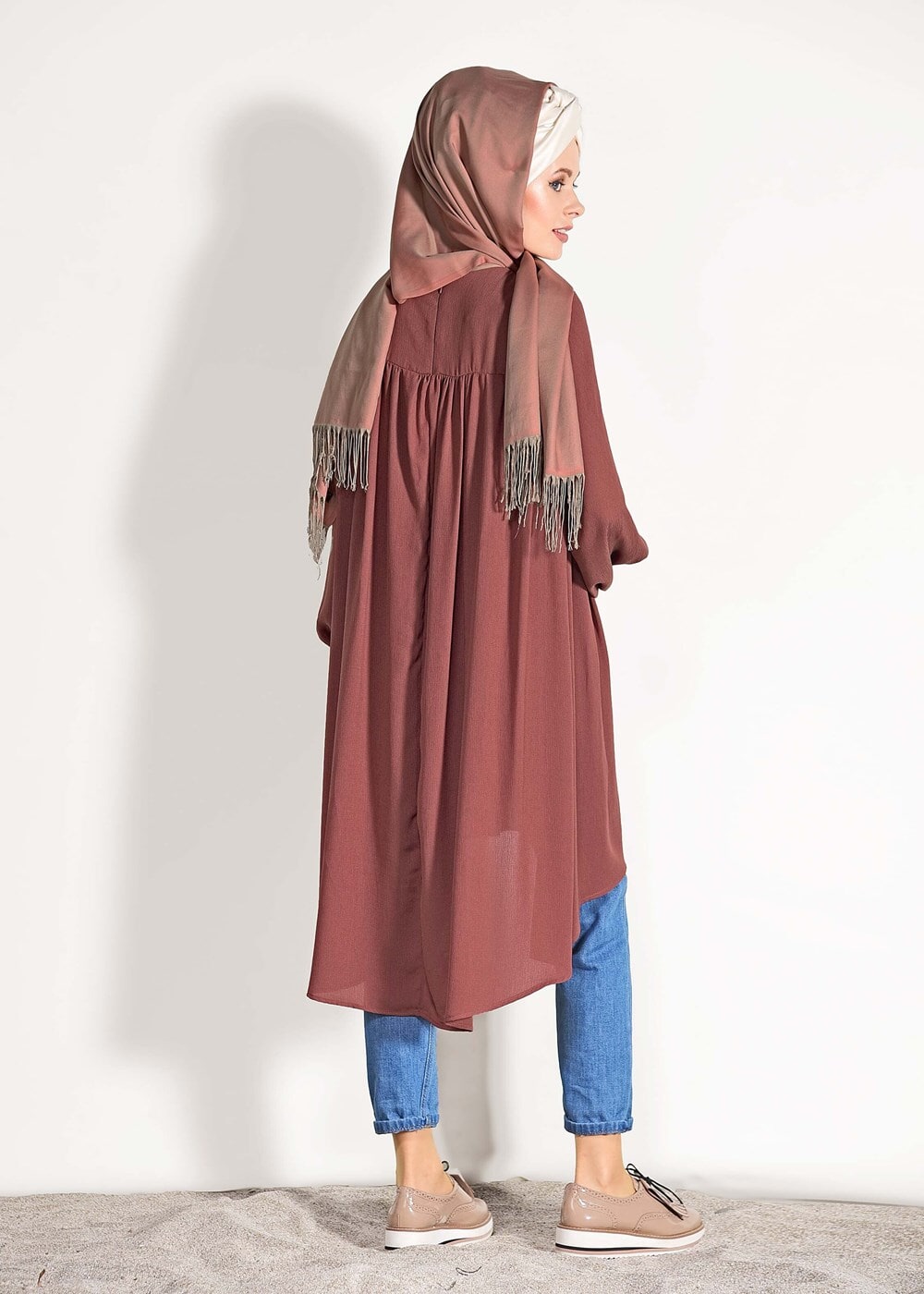 Tesettür giyim KAHVE ÖNÜ BÜZGÜLÜ TUNİK 11461