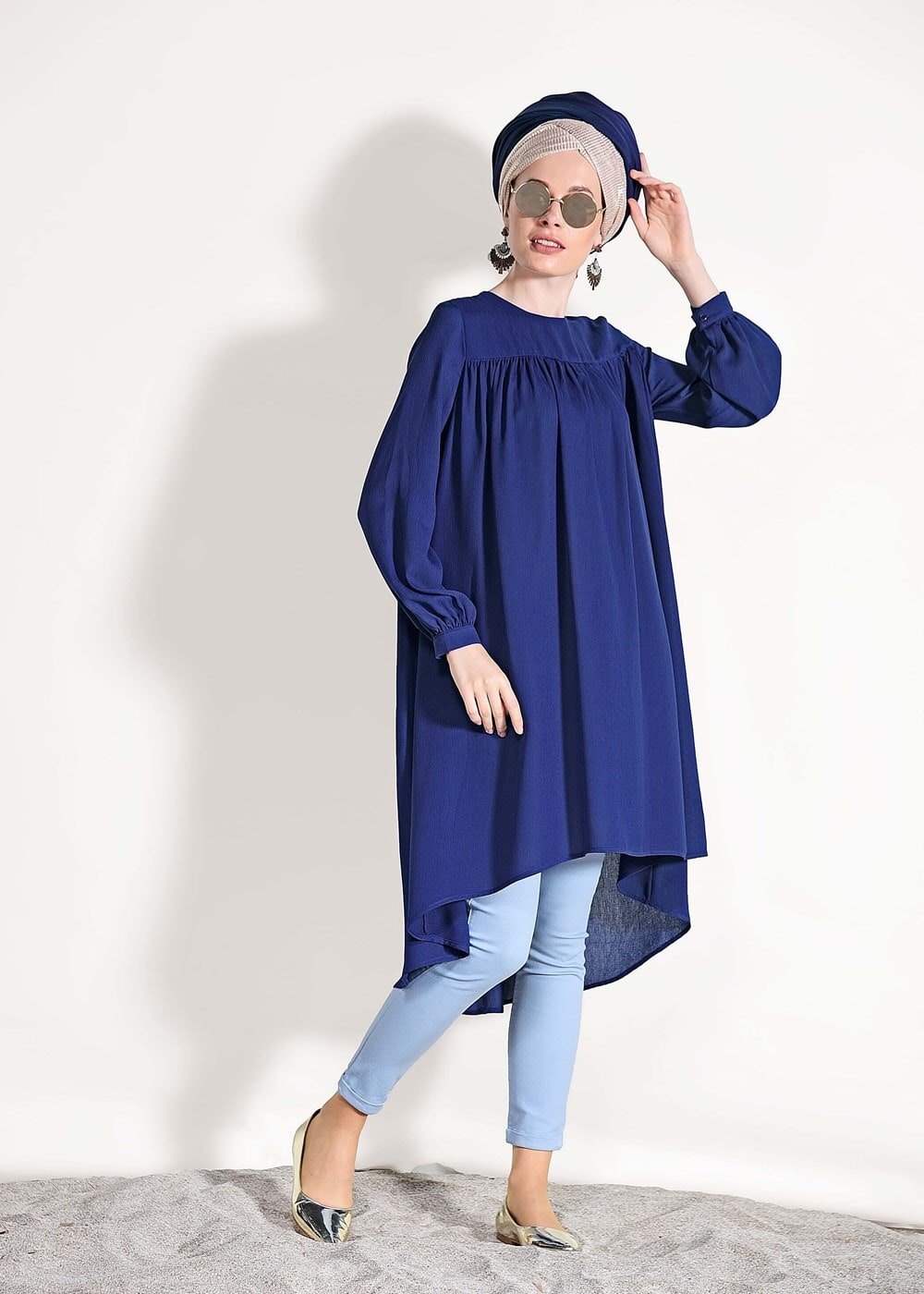 Tesettür giyim LACİVERT ÖNÜ BÜZGÜLÜ TUNİK 11461