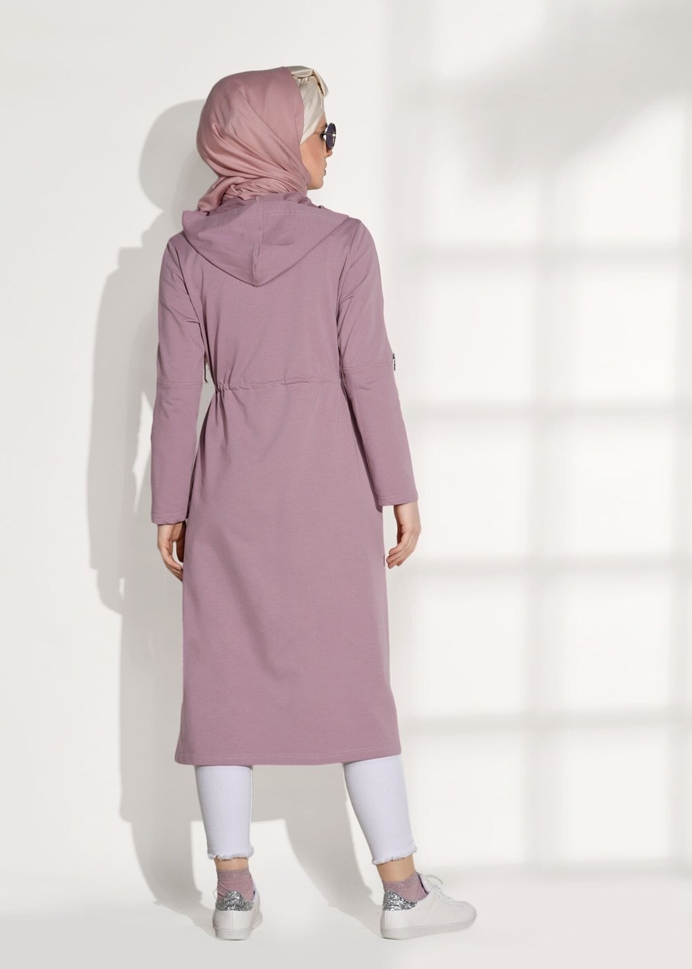 Tesettür giyim PEMBE FERMUARLI KAPÜŞONLU TUNİK 18605 