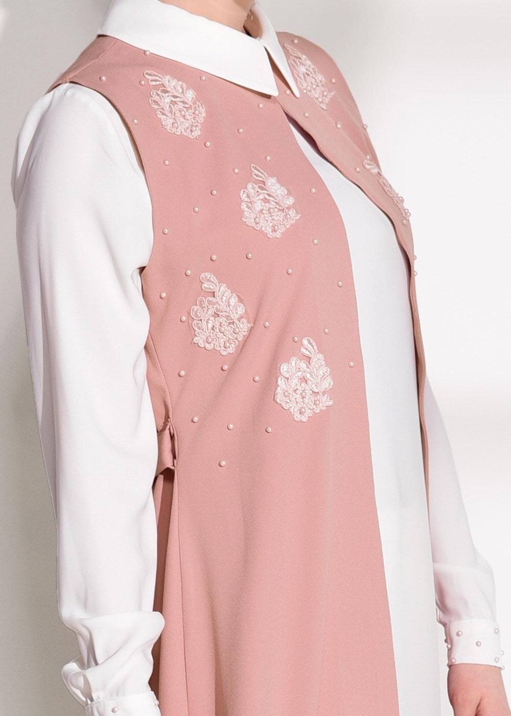 Tesettür giyim PUDRA T 20181 Elegance- Güpür Detaylı 2&prime;li Tunik