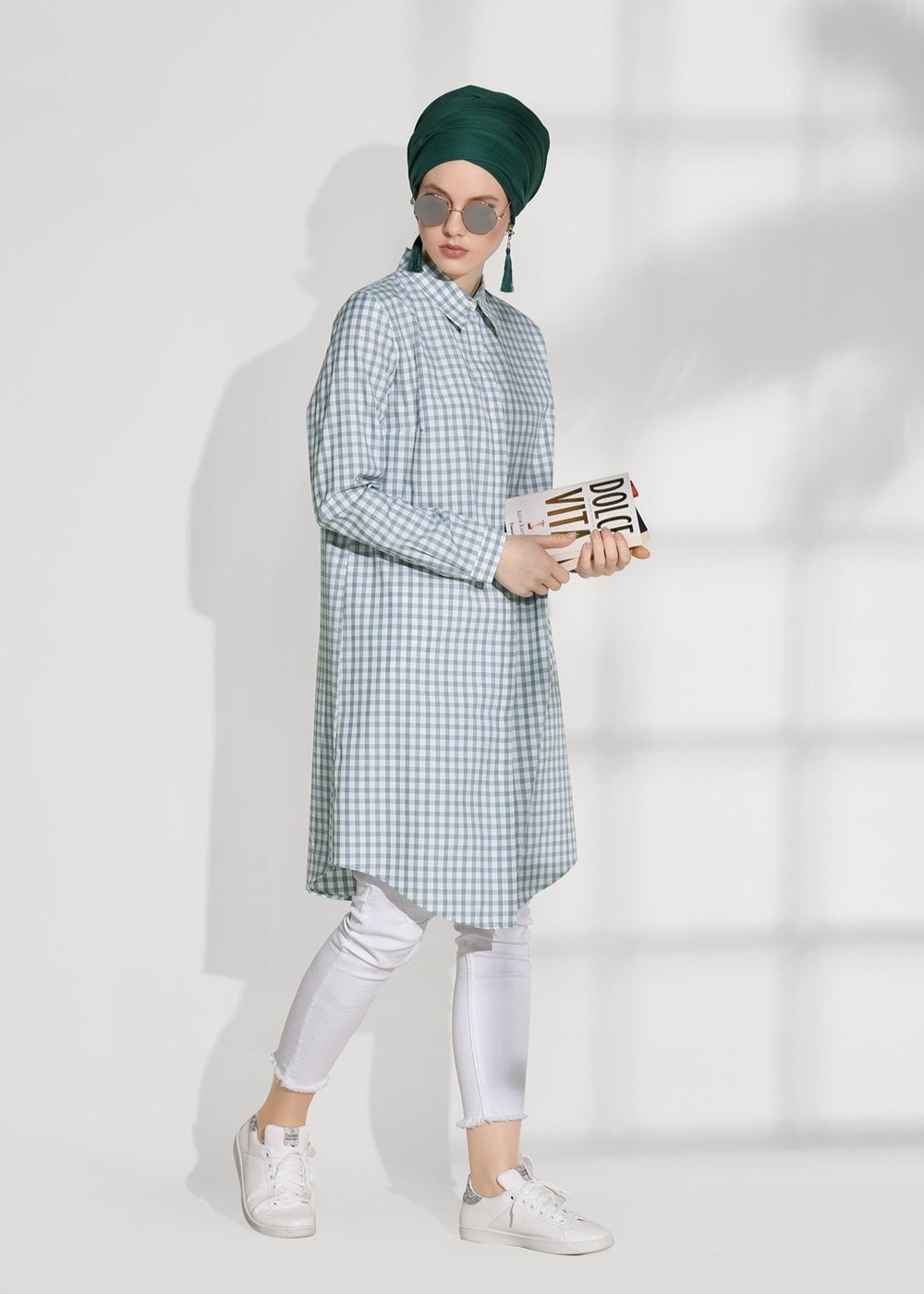 Tesettür giyim YEŞİL T 25615 Allday-Gizli Patlı Ekose Gömlek