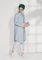 Tesettür giyim YEŞİL T 25615 Allday-Gizli Patlı Ekose Gömlek