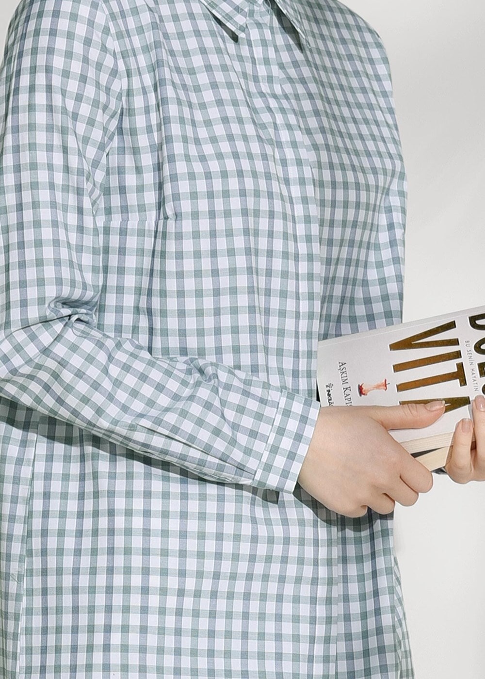 Tesettür giyim YEŞİL T 25615 Allday-Gizli Patlı Ekose Gömlek