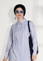 Tesettür giyim MAVİ T 25615 Allday-Gizli Patlı Ekose Gömlek