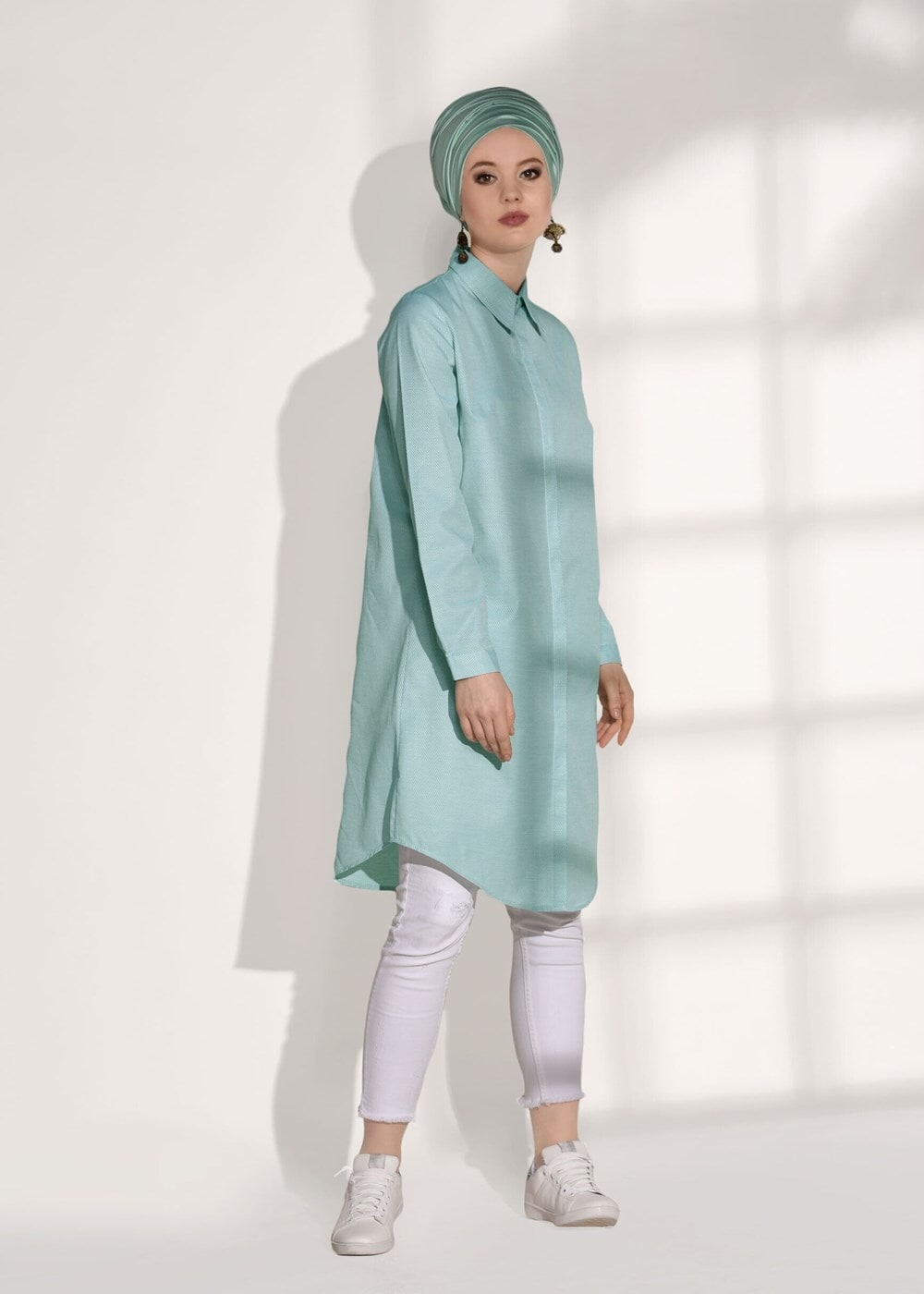 Tesettür giyim YEŞİL ERKEK YAKA GİZLİ DÜĞMELİ TUNİK 26615