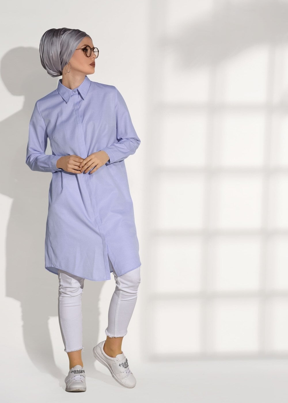 Tesettür giyim MOR ERKEK YAKA GİZLİ DÜĞMELİ TUNİK 26615