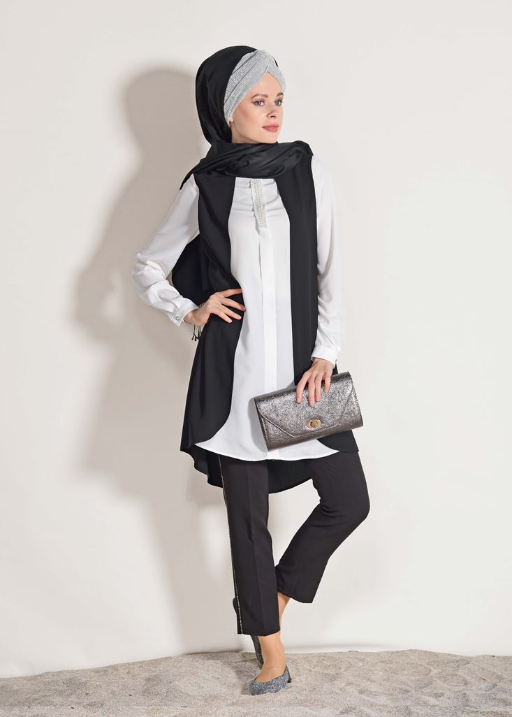 Tesettür giyim SİYAH T 26781 Elegance- Boncuk İşlemeli 2&prime;li Tunik