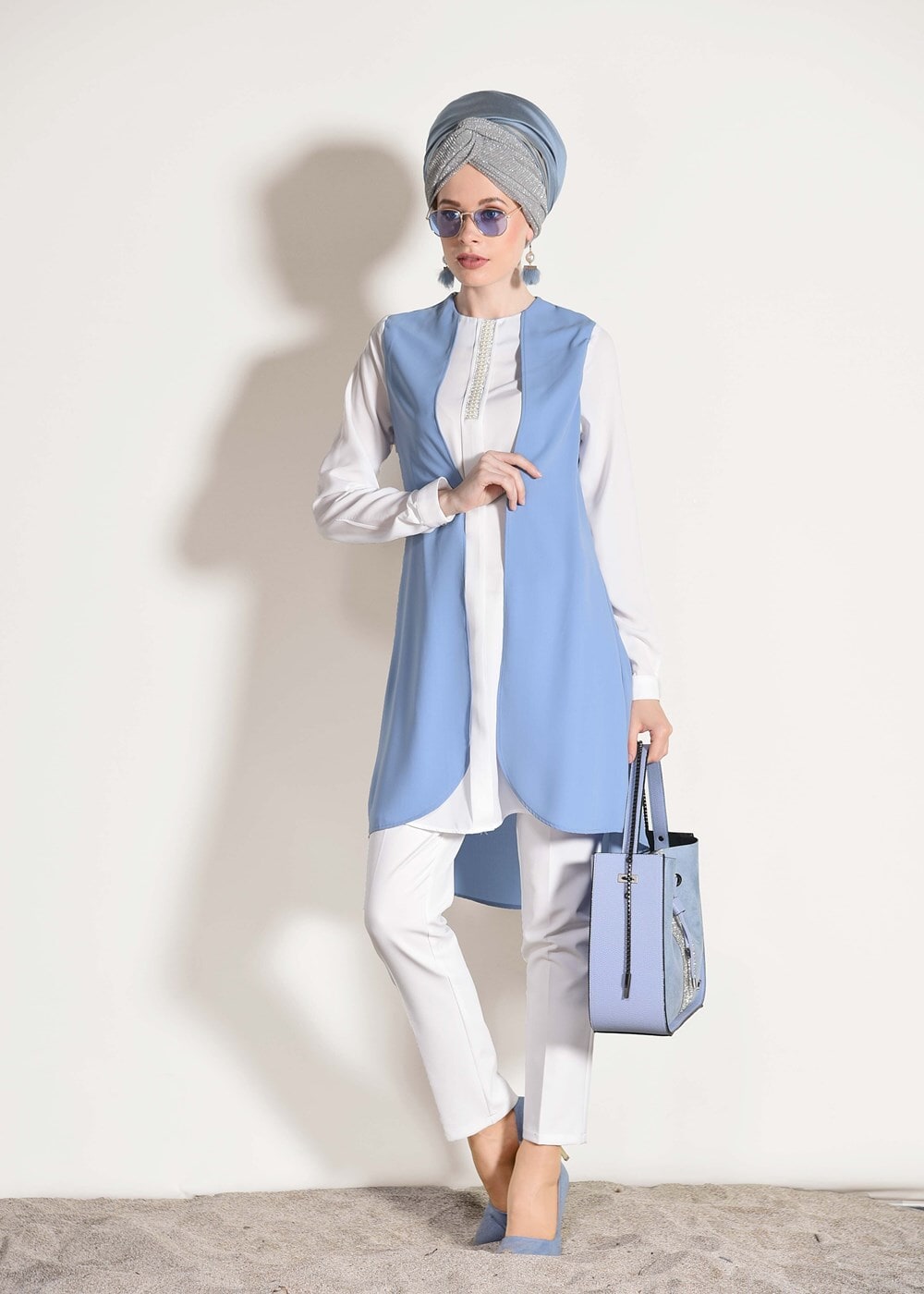 Tesettür giyim MAVİ T 26781 Elegance- Boncuk İşlemeli 2&prime;li Tunik