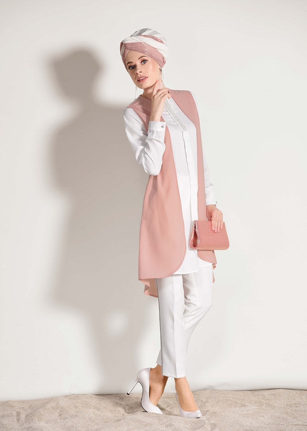 Tesettür giyim PUDRA T 26781 Elegance- Boncuk İşlemeli 2&prime;li Tunik