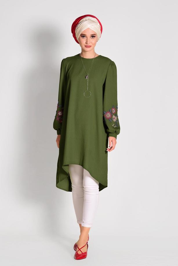 Tesettür giyim  İŞLEME DETAYLI ASİMETRİK KESİM TUNİK 35071  - TRENDTESETTÜR