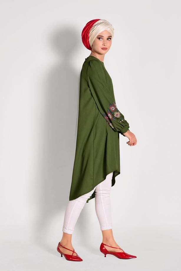 Tesettür giyim  İŞLEME DETAYLI ASİMETRİK KESİM TUNİK 35071  - TRENDTESETTÜR