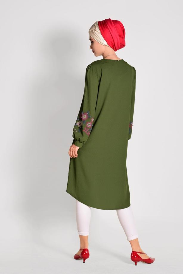 Tesettür giyim  İŞLEME DETAYLI ASİMETRİK KESİM TUNİK 35071  - TRENDTESETTÜR