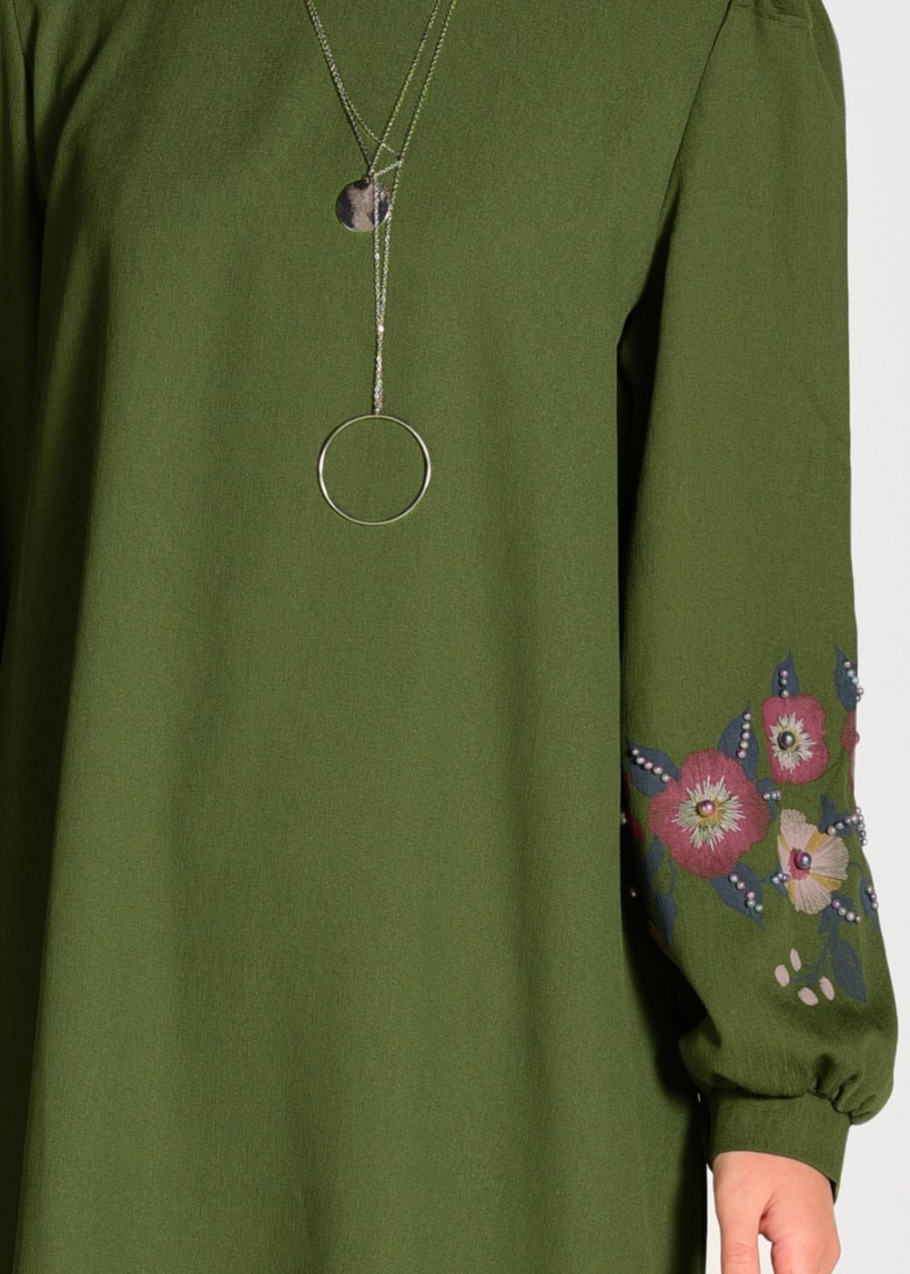 Tesettür giyim YEŞİL İŞLEME DETAYLI ASİMETRİK KESİM TUNİK 35071