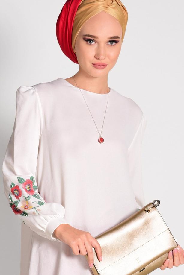 Tesettür giyim  İŞLEME DETAYLI ASİMETRİK KESİM TUNİK 35071  - TRENDTESETTÜR