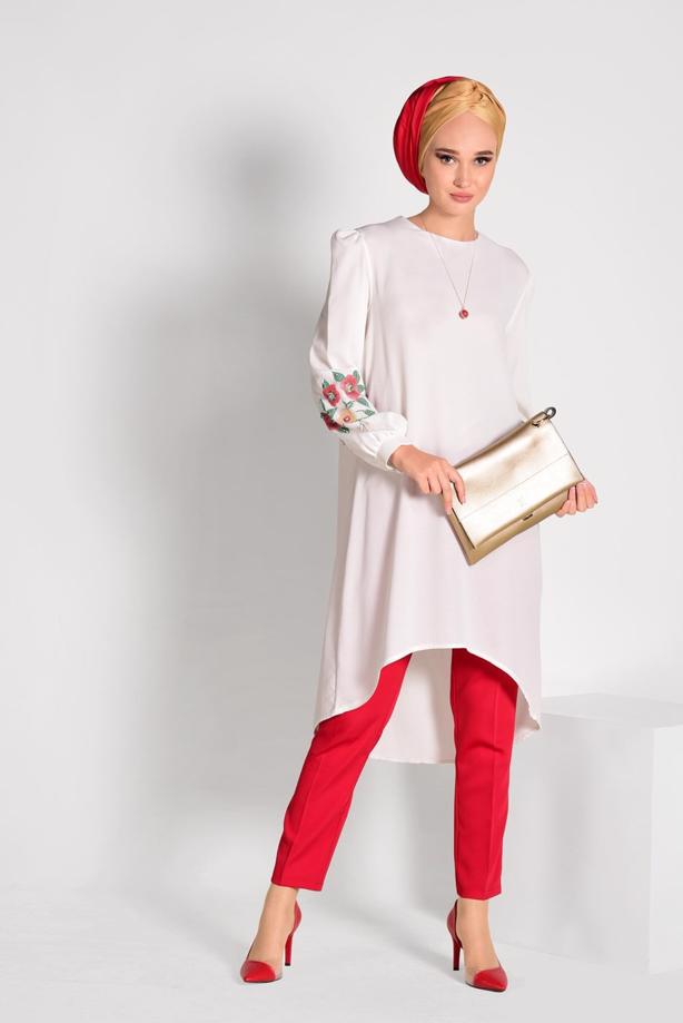 Tesettür giyim  İŞLEME DETAYLI ASİMETRİK KESİM TUNİK 35071  - TRENDTESETTÜR