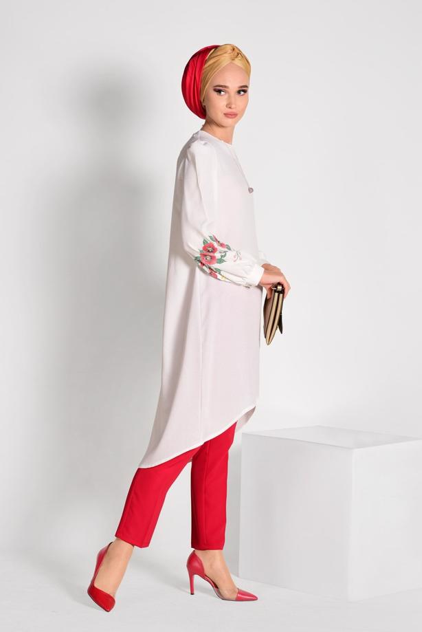 Tesettür giyim  İŞLEME DETAYLI ASİMETRİK KESİM TUNİK 35071  - TRENDTESETTÜR