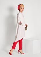 Tesettür giyim EKRU İŞLEME DETAYLI ASİMETRİK KESİM TUNİK 35071