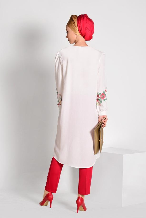 Tesettür giyim  İŞLEME DETAYLI ASİMETRİK KESİM TUNİK 35071  - TRENDTESETTÜR