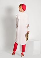 Tesettür giyim EKRU İŞLEME DETAYLI ASİMETRİK KESİM TUNİK 35071