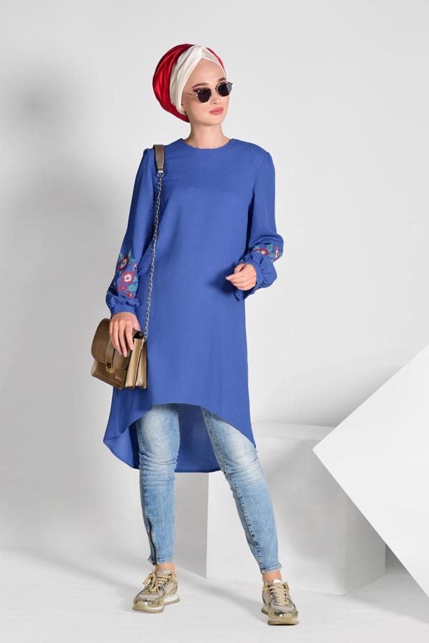 Tesettür giyim  İŞLEME DETAYLI ASİMETRİK KESİM TUNİK 35071  - TRENDTESETTÜR