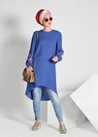 Tesettür giyim LACİVERT İŞLEME DETAYLI ASİMETRİK KESİM TUNİK 35071