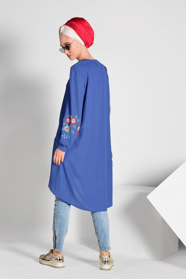 Tesettür giyim  İŞLEME DETAYLI ASİMETRİK KESİM TUNİK 35071  - TRENDTESETTÜR