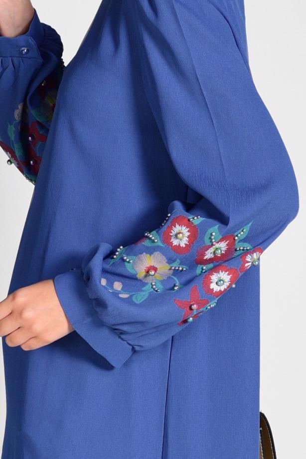 Tesettür giyim  İŞLEME DETAYLI ASİMETRİK KESİM TUNİK 35071  - TRENDTESETTÜR