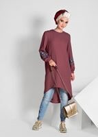 Tesettür giyim PEMBE İŞLEME DETAYLI ASİMETRİK KESİM TUNİK 35071 