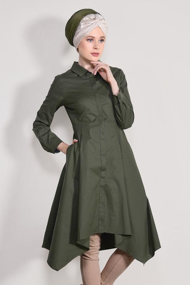 Tesettür giyim  T 39012 H Fashion-Erkek Yaka Uzun Tunik - TRENDTESETTÜR