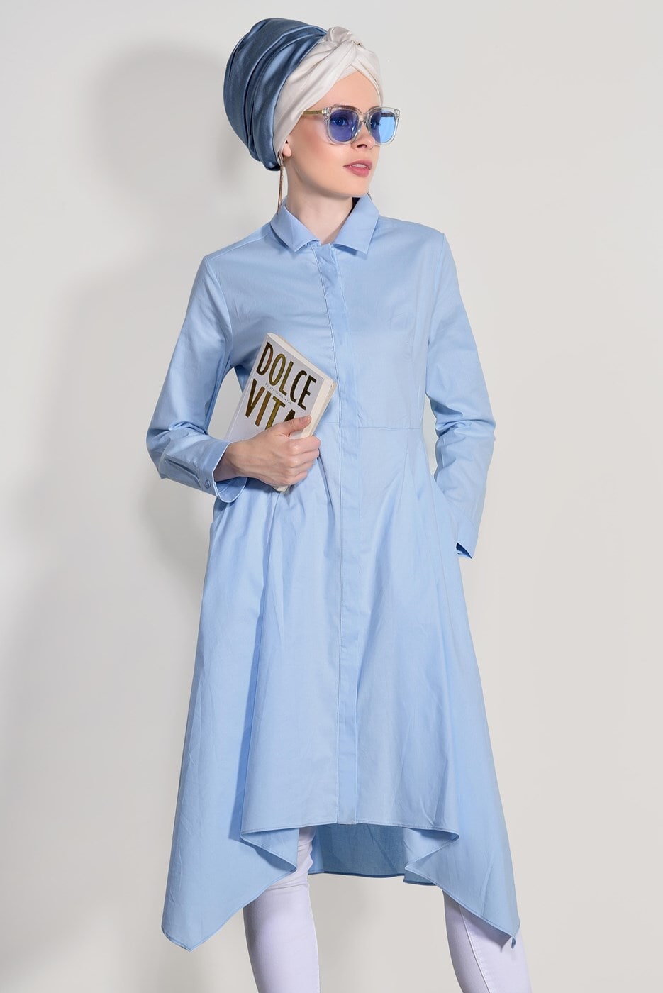 Tesettür giyim MAVİ T 39012 H Fashion-Erkek Yaka Uzun Tunik