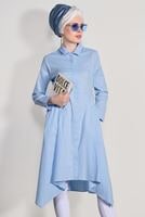 Tesettür giyim MAVİ T 39012 H Fashion-Erkek Yaka Uzun Tunik
