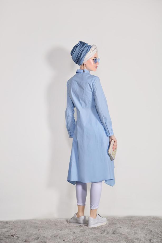 Tesettür giyim  T 39012 H Fashion-Erkek Yaka Uzun Tunik - TRENDTESETTÜR