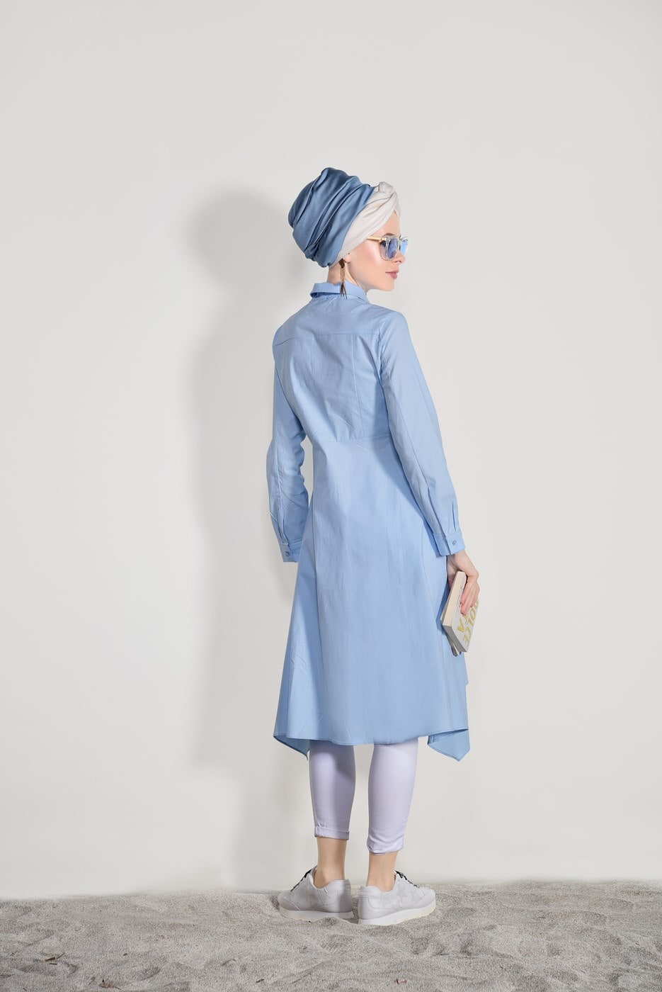 Tesettür giyim MAVİ T 39012 H Fashion-Erkek Yaka Uzun Tunik