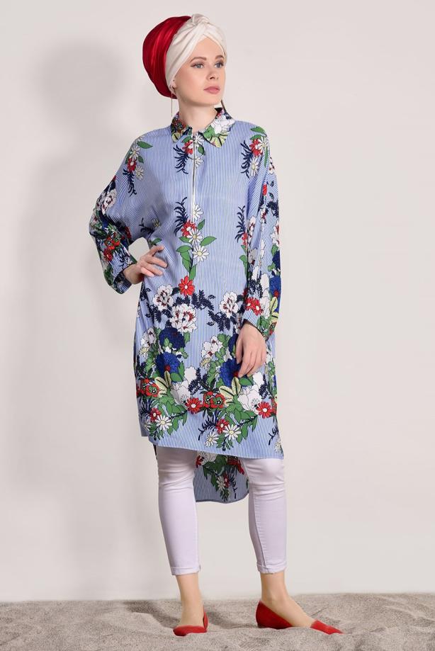Hijab clothing  ZIPPER DETAILED FLORAL TUNIC 40016   - TRENDTESETTÜR