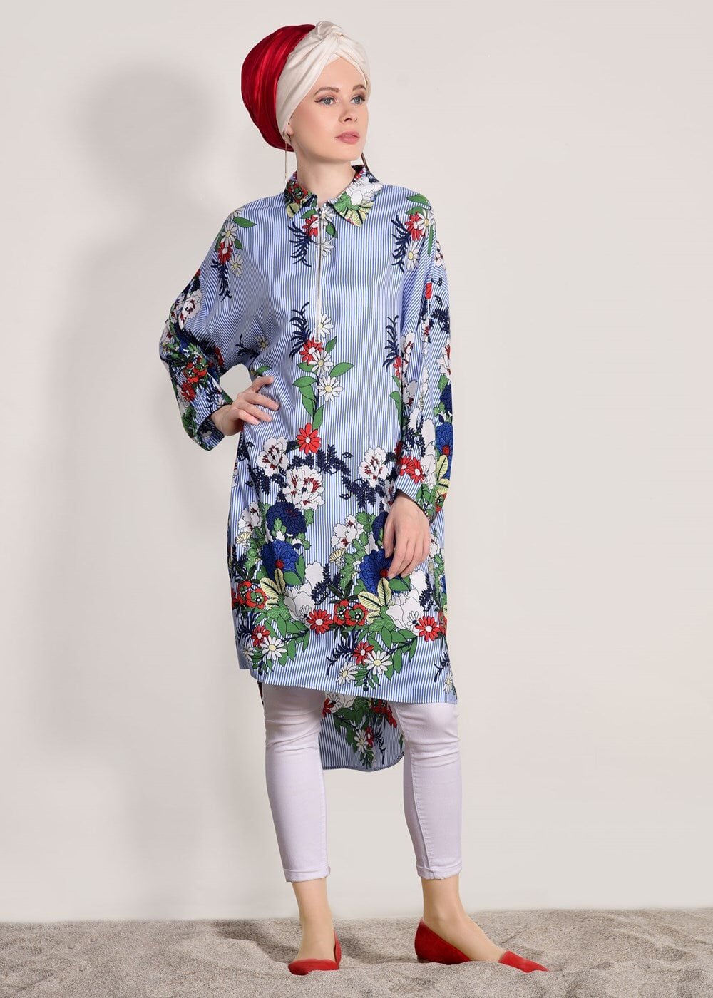 Tesettür giyim MAVİ T 40016 H Fashion-Fermuar Detaylı Çiçekli Tunik